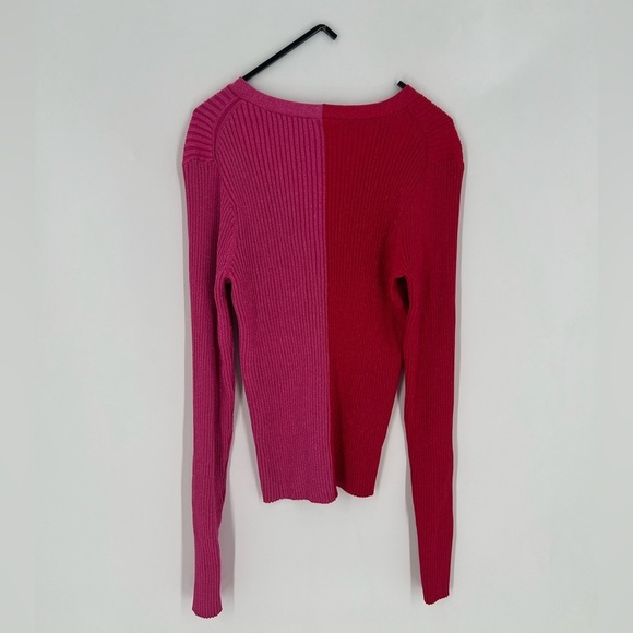 Staud Cargo Two Tone Rib Knit Metallic Sweater Cardigan In Lava & Peony - Picture 8 of 8